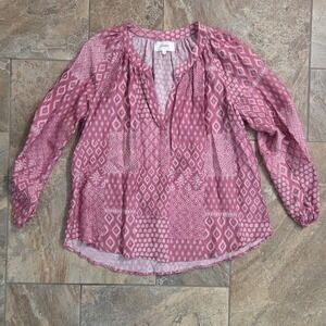 Xirena Pink‎ Ikat Patchwork Cotton Silk Split Neck Blouse Top XS Made in USA